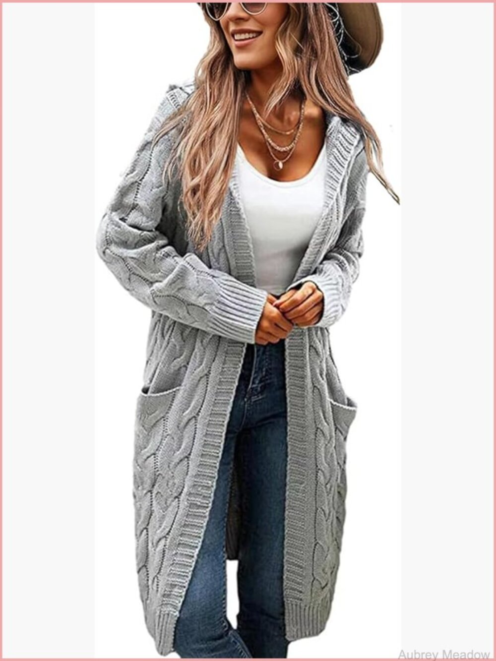 Oversized Hooded Cable Knit Cardigan with Pockets